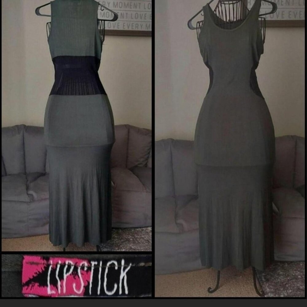 NWOT Lipstick - maxi, military green Dress with sheer, size small